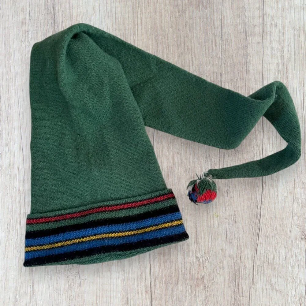 Handmade Green Knit Elf Hat Long Tassel duPont Orlon Yarn Cottagecore Vintage